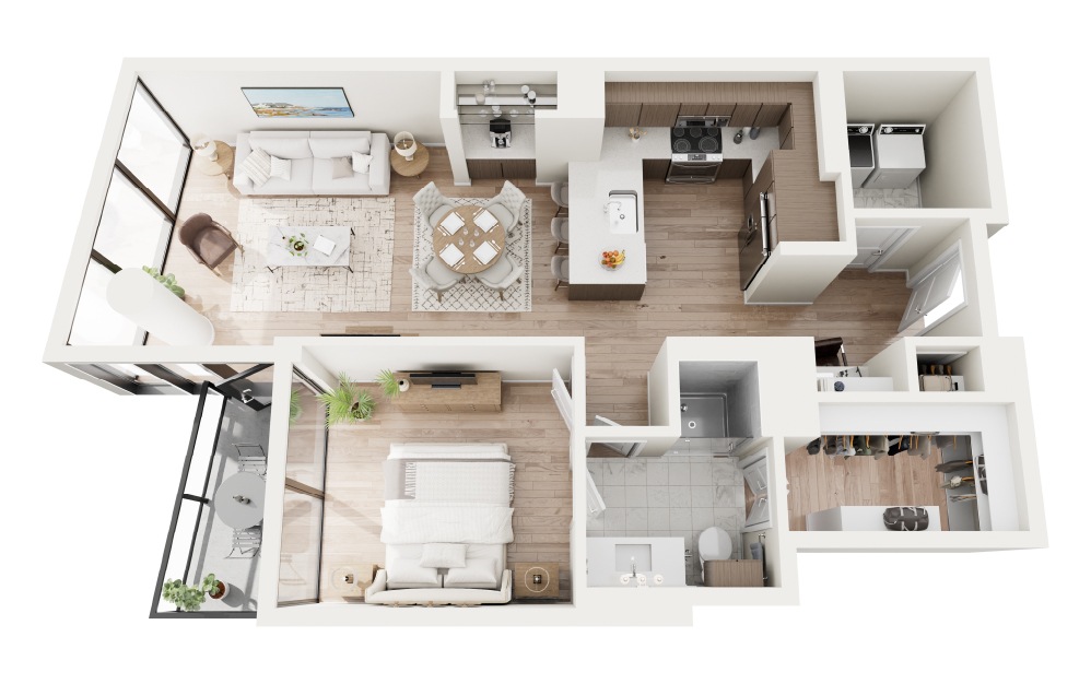 A6 - 1 bedroom floorplan layout with 1 bathroom and 871 square feet (3D) A6 3D Floorplan - 871 SF
