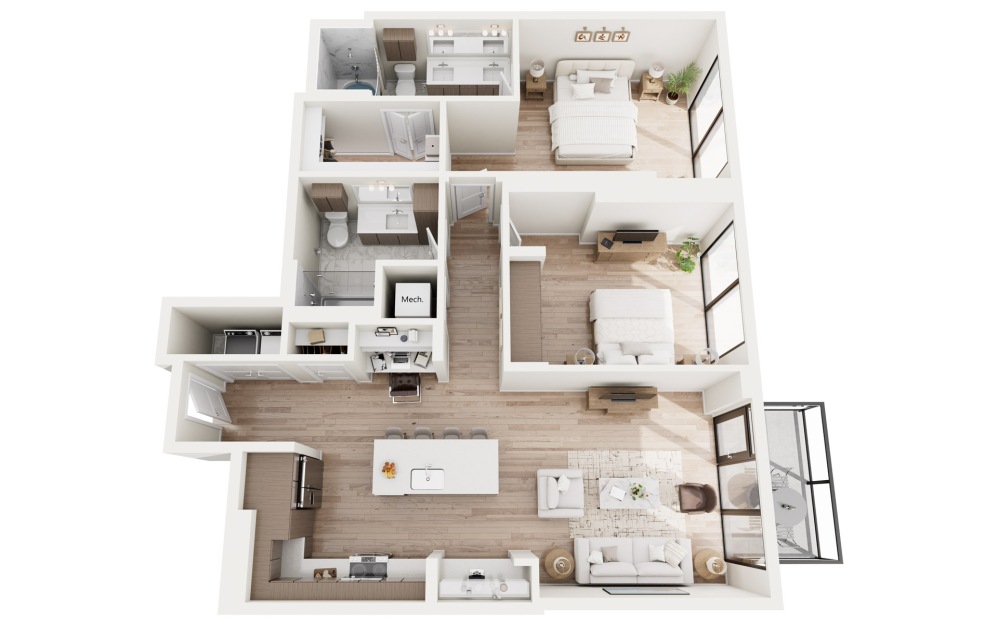 B2 3D Floorplan - 1193 SF