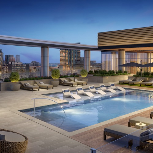 Rendering of pool deck with day beds, sun loungers, in water loungers, and view of Dallas in the background