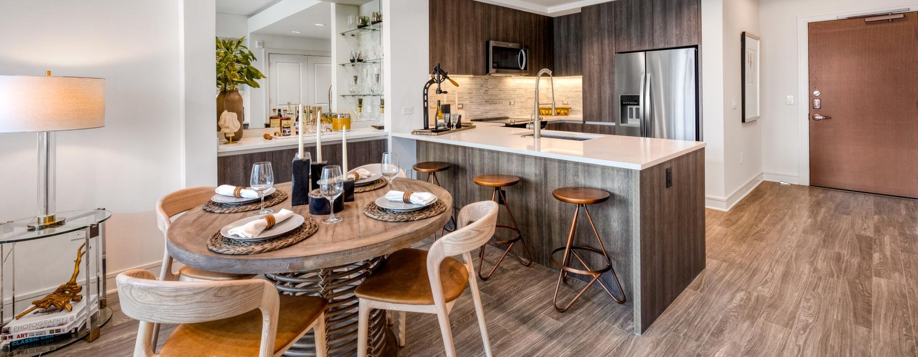 a kitchen with a dining table